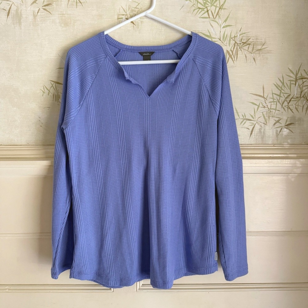 Eddie Bauer Womens Waffle Knit Thermal Top Periwinkle Blue Split V-Neck Large